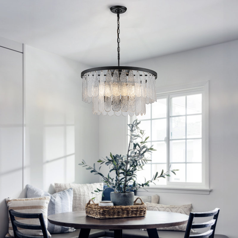 Borre 6 Light Vintage Textured Glass Round Chandelier Matte Black Rustic Art Glass Hanging Light